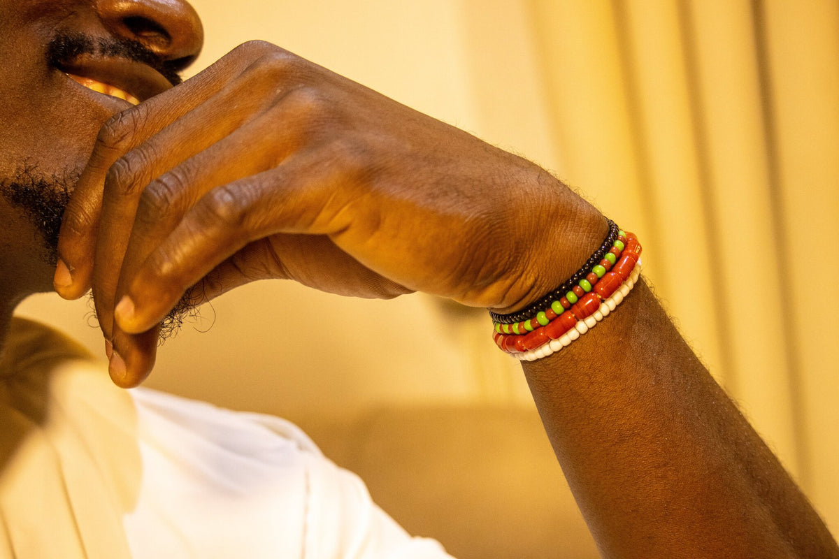 Hand-strung ancestral bead bracelet worn casually