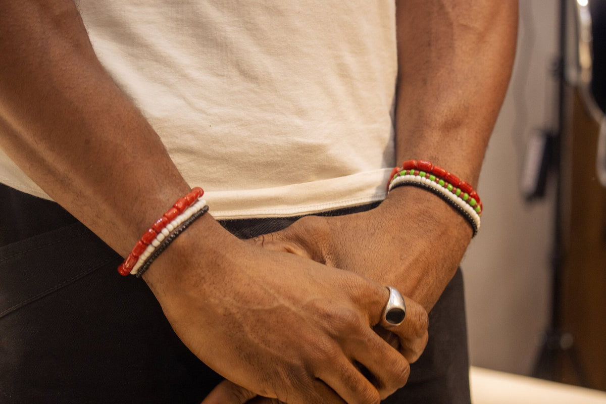 iFálọ̀dún Odùduwà Ancestral Bracelet, coral and glass bead detail