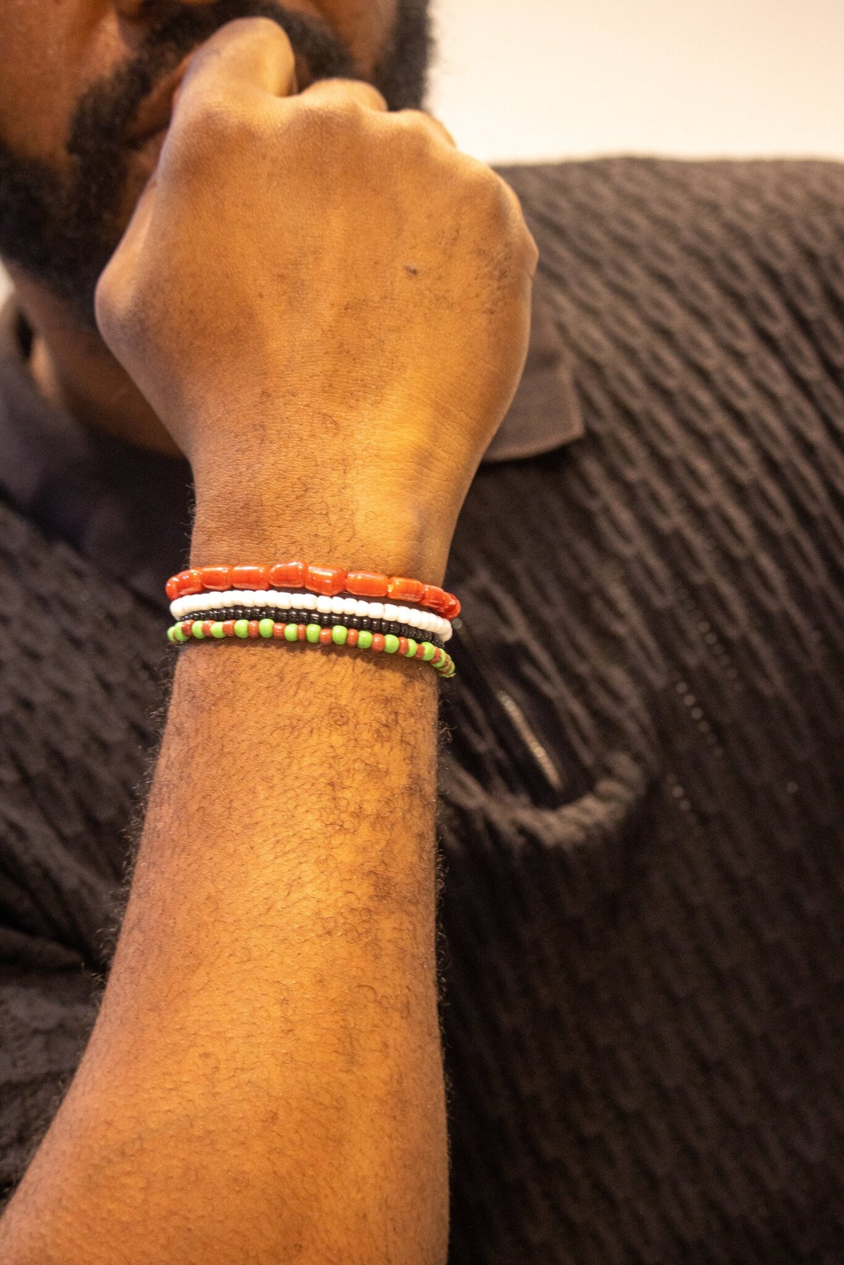Close-up of genuine coral and glass beads, Odùduwà Ancestral Bracelet
