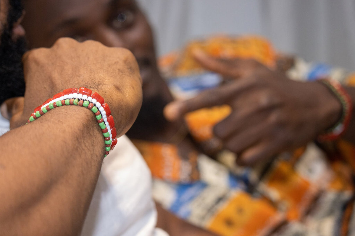 Odùduwà Ancestral Bracelet detail, genuine coral and Ilé-Ifẹ̀ glass beads