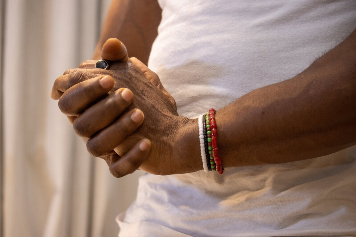 Odùduwà Ancestral Bracelet detail, genuine coral and Ilé-Ifẹ̀ glass beads