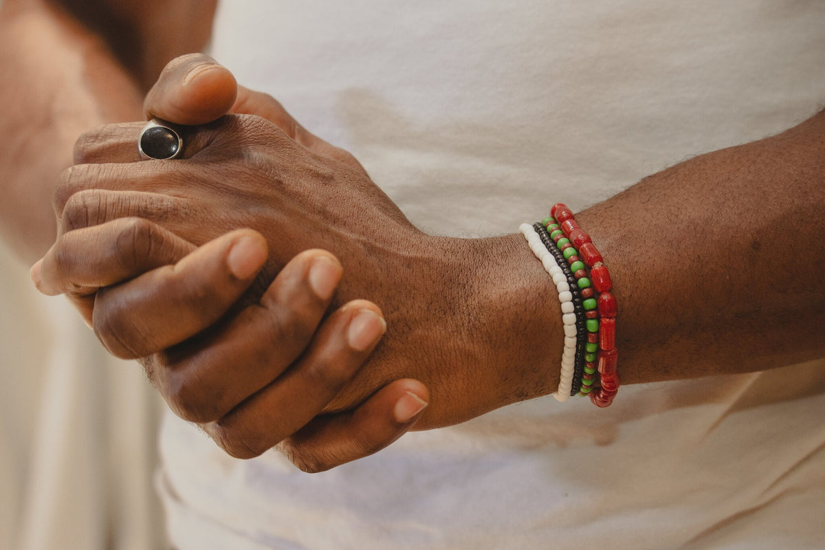 Close-up of genuine coral and glass beads, Odùduwà Ancestral Bracelet