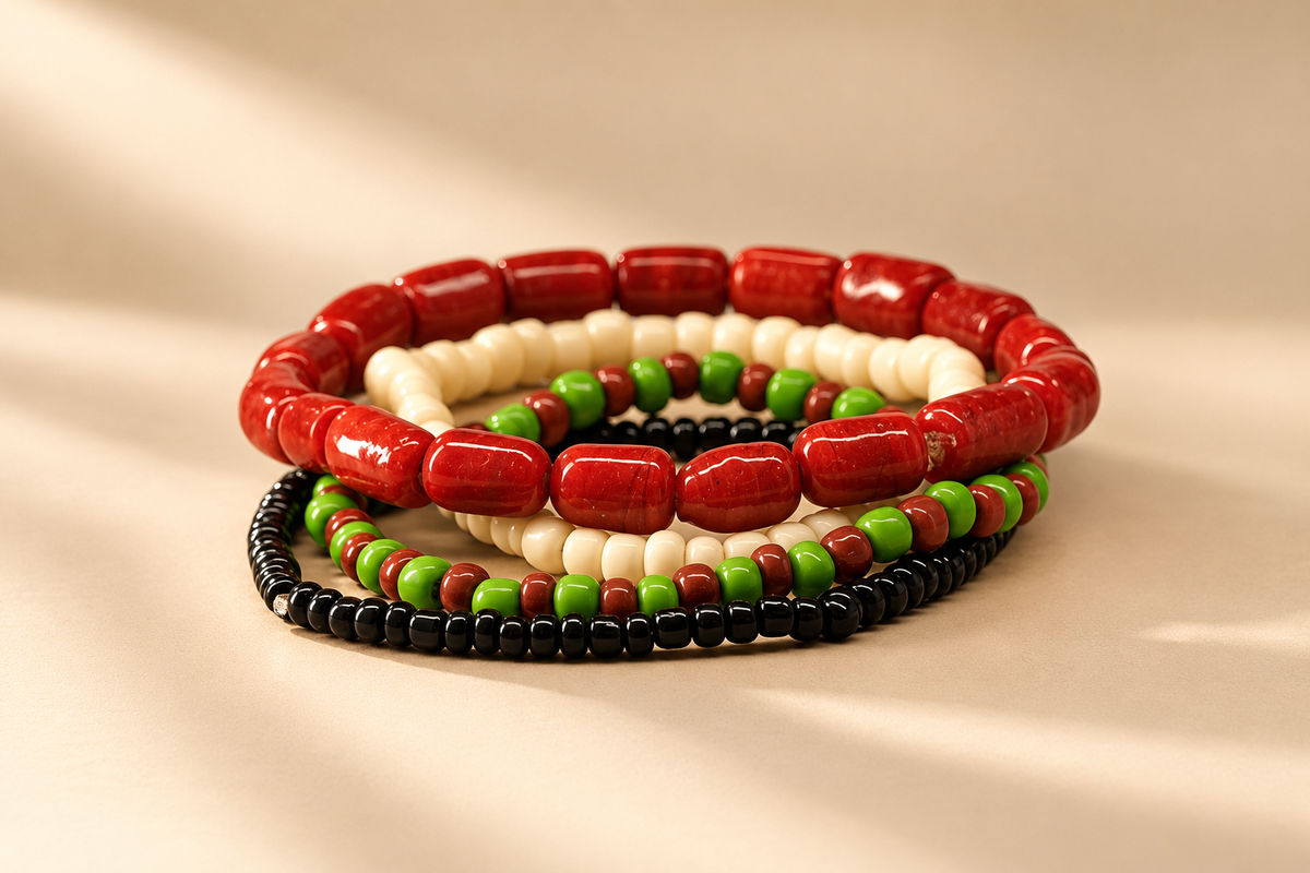 iFálọ̀dún Odùduwà Ancestral Bracelet, coral and glass bead detail