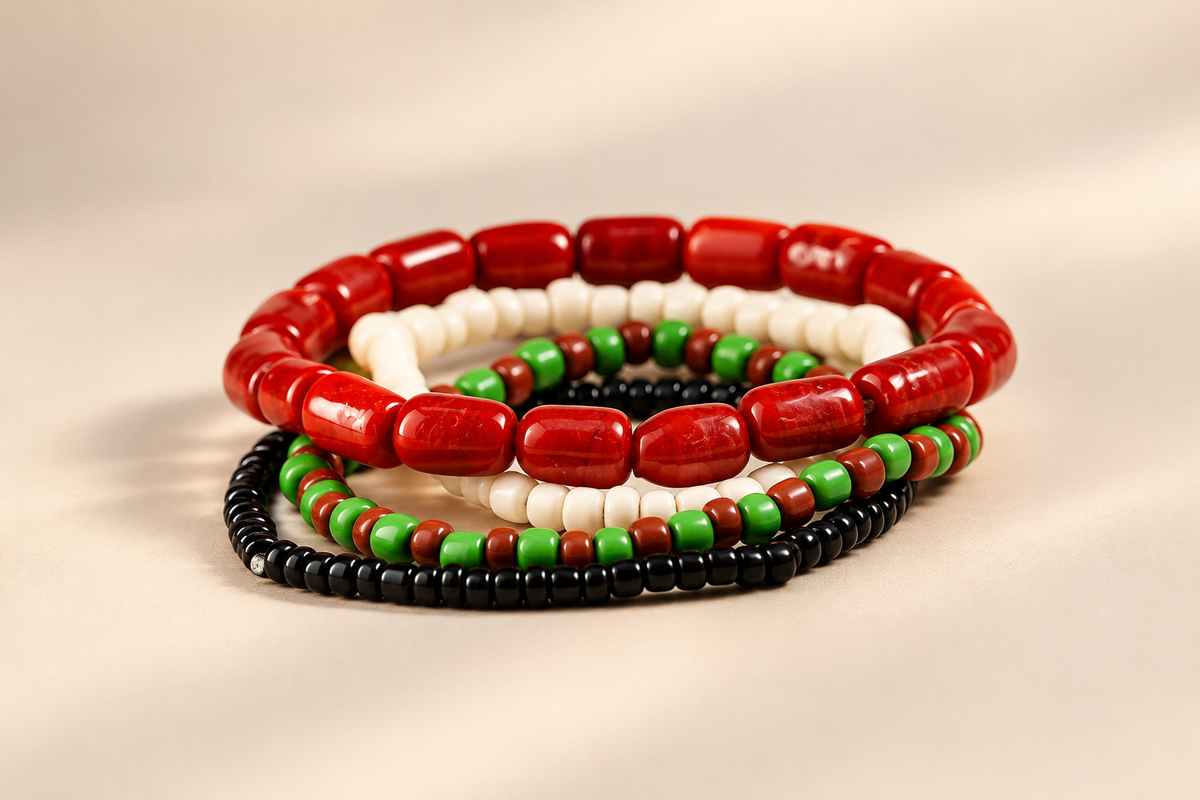 Close-up of genuine coral and glass beads, Odùduwà Ancestral Bracelet