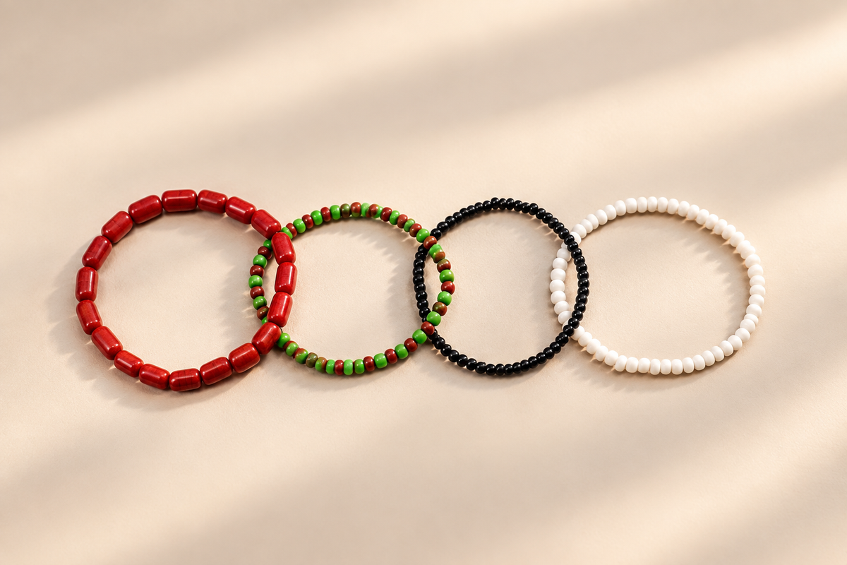 Close-up of genuine coral and glass beads, Odùduwà Ancestral Bracelet