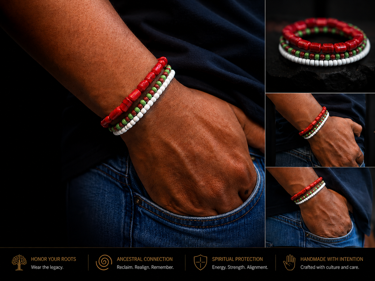 iFálọ̀dún Odùduwà Ancestral Bracelet, coral and glass bead detail